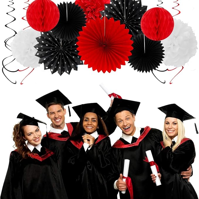 Black White-Red Party-Decorations - 33pcs Birthday Banner,Streamers Tassel Garland,Tissue Pom Poms Honeycomb,Paper Lantern Fans,Men Women Wedding Baby Shower Graduation Backdrop Supplies Decor Hugtmr