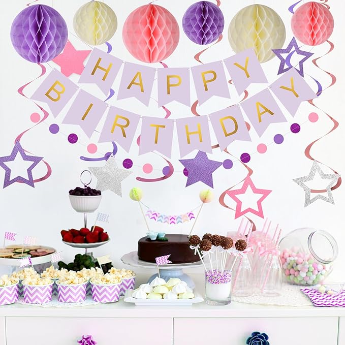 meowtastic Birthday Decorations, Happy Birthday Banner with Honeycomb Balls, Stars Hanging Swirls Streamers, Circle Dots Garland, Happy Birthday Party Decorations for Women Men Boys Girls (Purple)