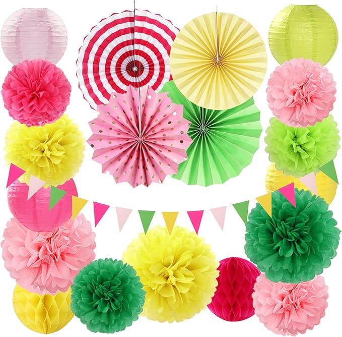 Hawaiian Pink Green-Yellow Party-Decorations - 20pcs Aloha Paper Lanterns Fans,Tissue Pom Poms,Honeycomb Balls,Tropical Pool Jungle Bachelorette Birthday Supplies Summer Beach Burgleda
