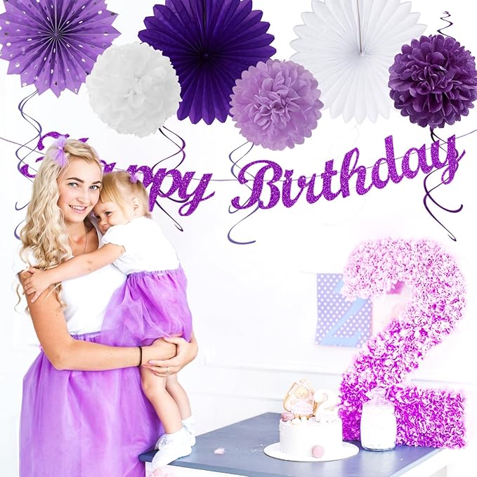Purple Lilac-Lavender White Women Birthday Party-Decorations - 21pcs Happy Banner,Paper Lanterns,Tissue Pom Poms Flower Fan,Honeycomb Ball,Hanging Streamers Garland, Girls Decor Supplies Huglony