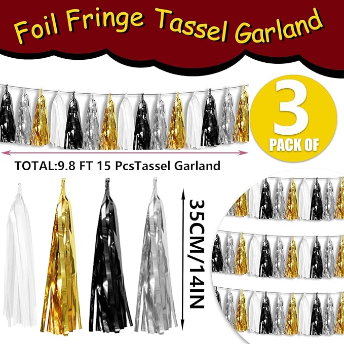 3P Metallic Fringe Tassel Banner Garland Foil Tinsel Streamer Wall Hanging Curtain Backdrop Banner for Parade Floats,Graduation Decorations, New Years Decorations,Father' Day(Black Gold Silver)