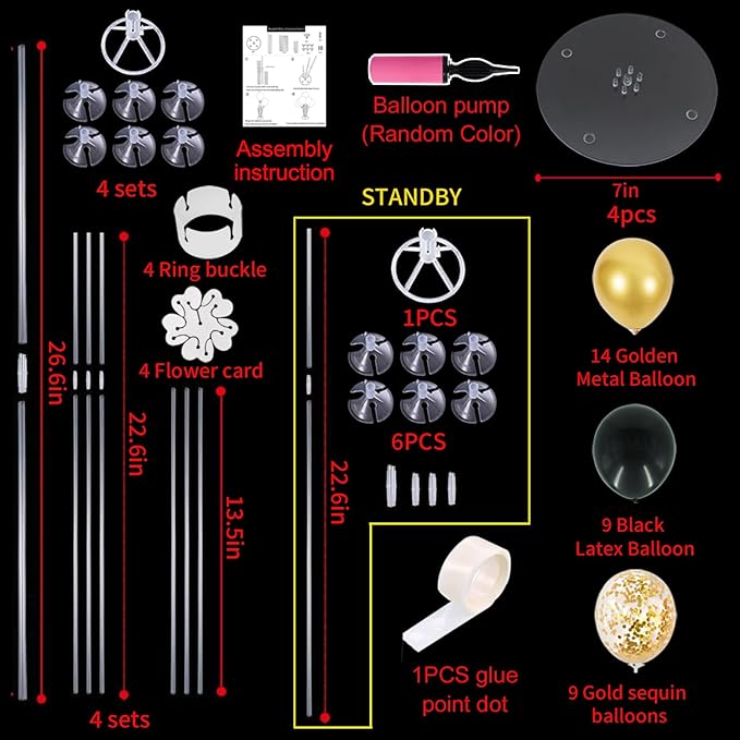 TONIFUL 4 Set Black Gold Balloon Centerpieces for Table,Balloon Stand Kit for Black Gold Party Decor 40th 50th 60th 70th Birthday Decorations Anniversary Graduation Decorations 2026 New Year Eve