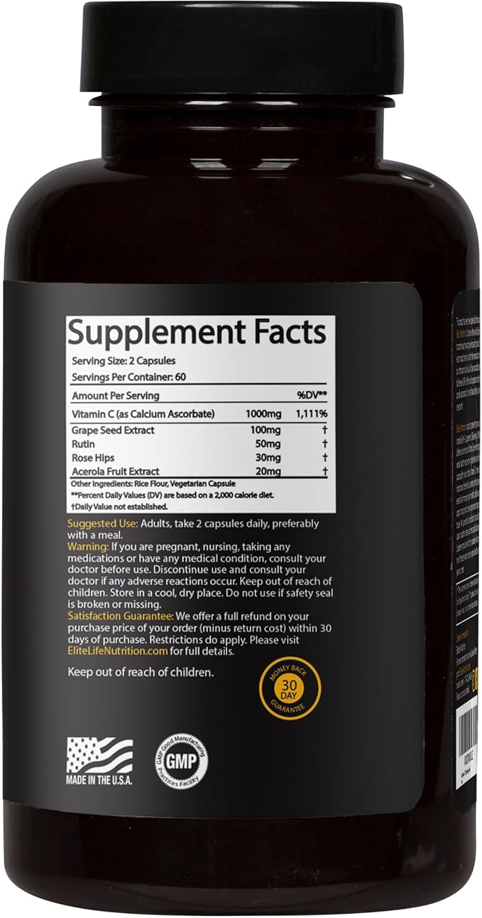 Elite-C – 1000mg of Pure, Non-Acidic Vitamin C – Buffered, High-Absorption, USA-Sourced & Made – Grape Seed, Rosehip, Rutin, Acerola – Clean, Non-GMO, Bioavailable Immune Support, 120 Capsules