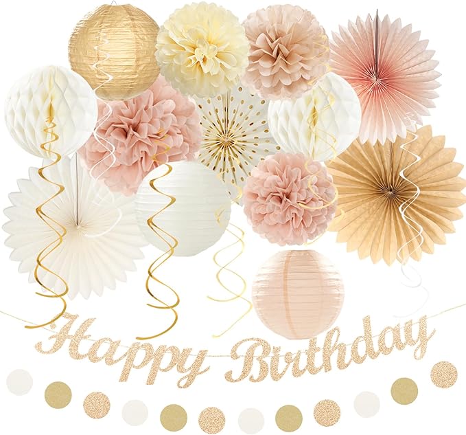 Champagne-Gold Beige Fall Boho Birthday Party-Decorations - 21pcs Autumn Neutral Retro Happy Banner,Girl One Sweet Peach Paper Streamers Lanterns,Tissue Pom Poms Fan,Rustic Backdrop Decor Huglony