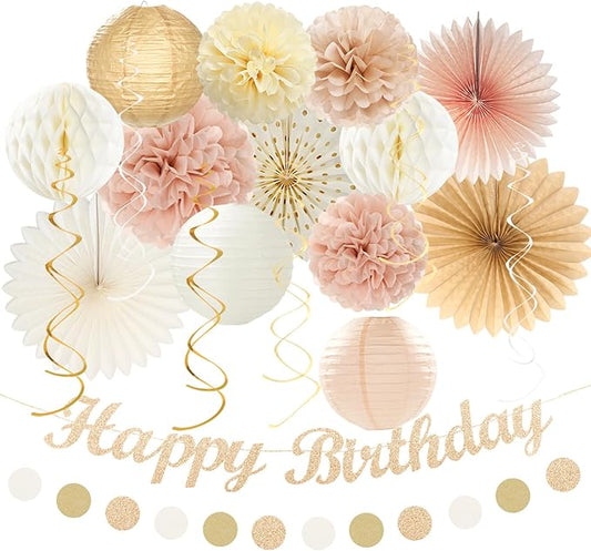 Champagne-Gold Beige Fall Boho Birthday Party-Decorations - 21pcs Autumn Neutral Retro Happy Banner,Girl One Sweet Peach Paper Streamers Lanterns,Tissue Pom Poms Fan,Rustic Backdrop Decor Huglony