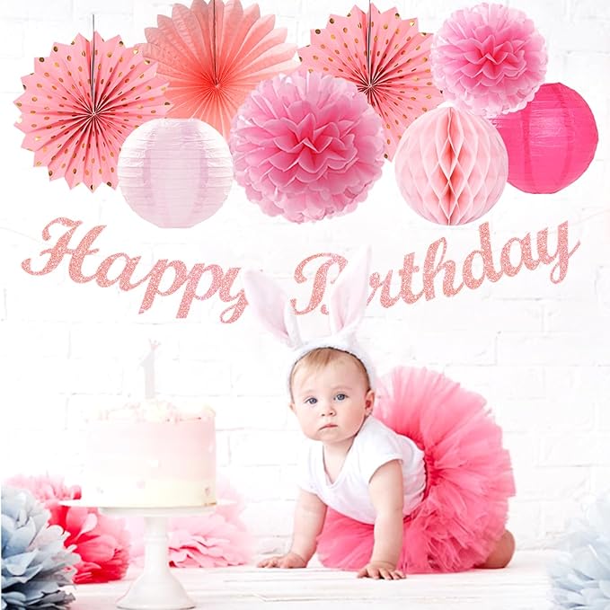 Light Hot Pink Birthday Party-Decorations - 21pcs Girl Happy Banner,Paper Lanterns Honeycomb,Tissue Pom Poms Flower Fan,Hanging Streamers Garland,18th 21st 30th Women Birthday Decor Supplies Huglony