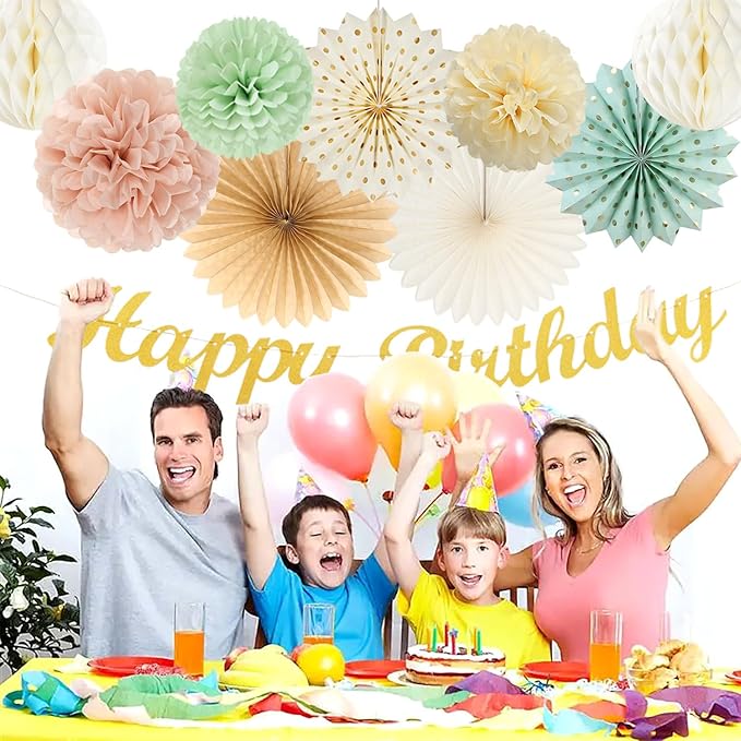 Sage-Green Blush-Pink Beige Birthday Party-Decorations - 21pcs Happy Banner,Cream Light Dusty Pink Paper Lanterns Pom Poms,Rustic Boho Neutral Streamers Garland,Women Girls Decor Supplies Huglony