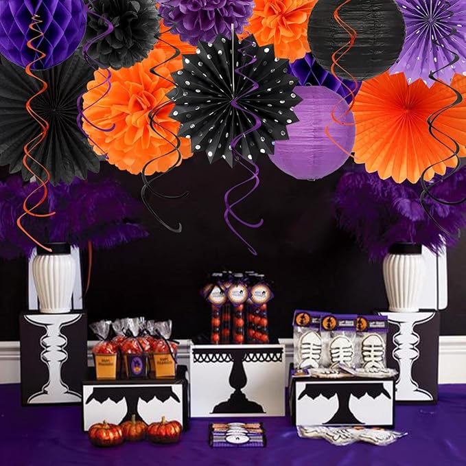 Black-Purple Orange Halloween Birthday Party-Decorations - 21pcs Happy Banner,Paper Lanterns Honeycomb,Tissue Pom Poms Flower Fan,Kids Classroom Hanging Streamers Garland Decor Supplies Huglony