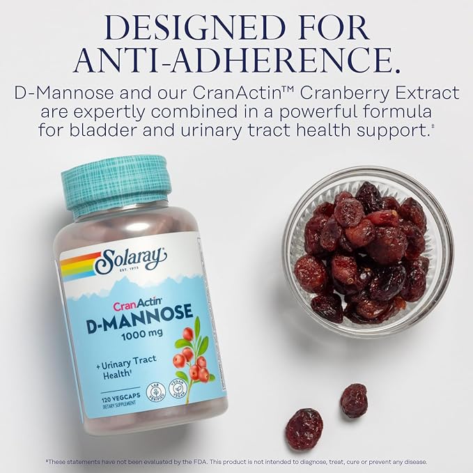 SOLARAY D-Mannose 1000mg with CranActin Cranberry Extract - D Mannose and Cranberry Supplement with Vitamin C - Supports Urinary Tract Health - Vegan, 60-Day Guarantee