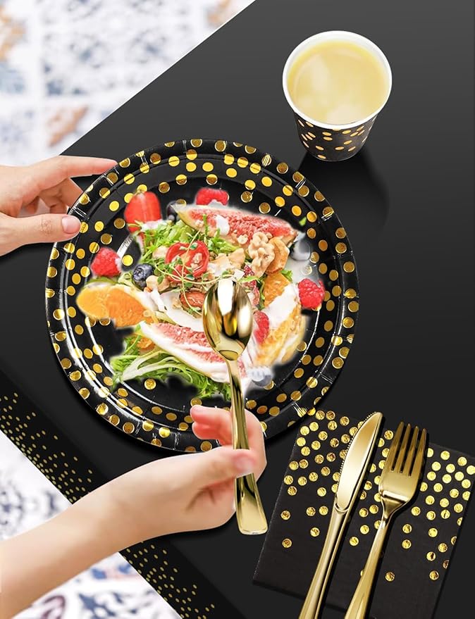 141 Pieces Black Gold Party Supplies, Disposable Party Decorations Sets Include Paper Plates Napkins Cups, Plastic Forks Knives Spoons, for Baby Shower Birthday Wedding -20 Guests