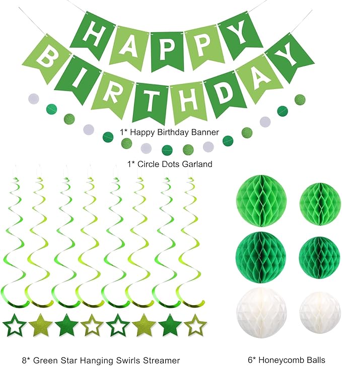 meowtastic Birthday Decorations, Happy Birthday Banner with Honeycomb Balls, Stars Hanging Swirls Streamers, Circle Dots Garland, Happy Birthday Party Decorations for Women Men Boys Girls (Green)