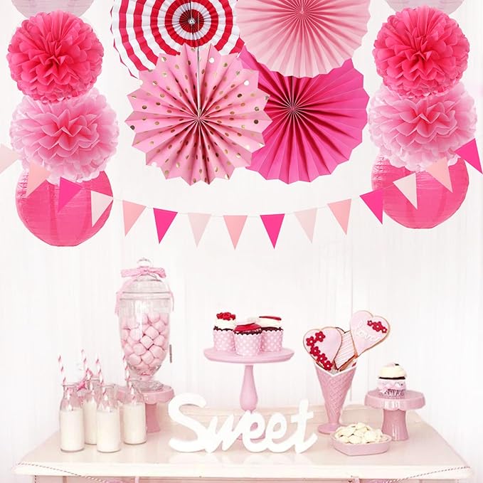 Rose Hot-Pink Party Decorations - 20pcs Paper Lanterns Fans,Tissue Pom Poms,Honeycomb Balls,Bunting,Birthday Wedding Bachelorette Baby Shower Bridal Graduation Engagement Decor Burgleda