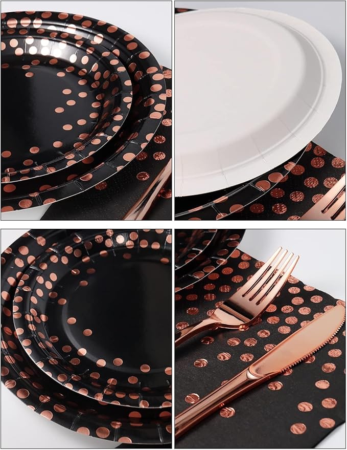 141 Pieces Black and Rose Gold Party Supplies, Disposable Party Decorations Sets Include Paper Plates Napkins Cups, Plastic Forks Knives Spoons, for Baby Shower Birthday Wedding -20 Guests