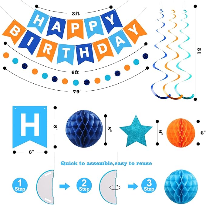 meowtastic Birthday Decorations, Happy Birthday Banner with Honeycomb Balls, Star Hanging Swirl Streamers, Circle Dots Garland, Happy Birthday Party Decorations for Women Girls (Blue & Orange)