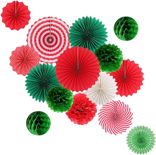 Hanging Party Decorations Set Tissue Paper Fan Paper Pom Poms Flowers and Honeycomb Ball for Christmas Wedding Engagement Graduation Party Decor Green Red Kit