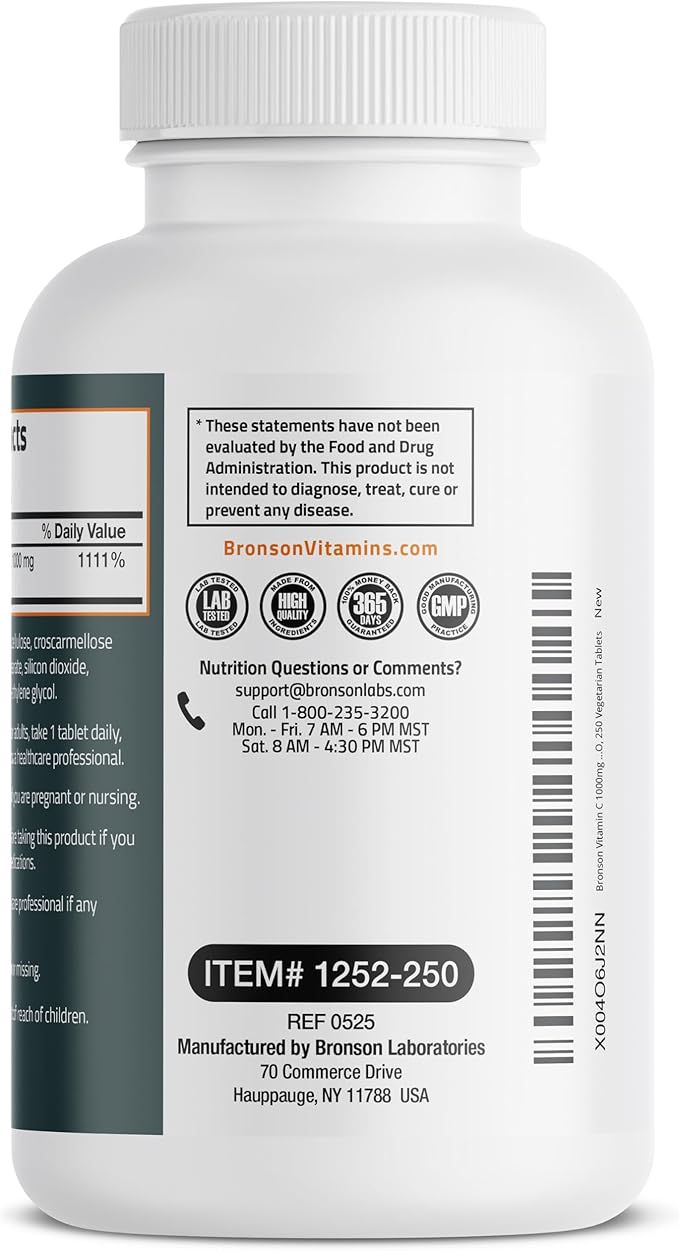 Bronson Vitamin C 1000mg Extra Strength, Supports a Healthy Immune System, High Potency, Non-GMO, 250 Vegetarian Tablets