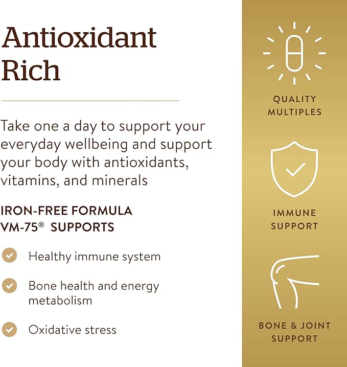 Solgar Iron-Free Formula VM-75, 90 Tablets - Multivitamin with Chelated Minerals - Vitamin A, B6, B12, C, D, E - Biotin, Magnesium, Calcium, Zinc - Vegan, Gluten & Dairy Free, Kosher - 90 Servings