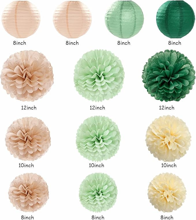 Olive-Sage Green Champagne-Gold Pink Party-Decorations - 20pcs Rustic Wedding Paper Lanterns Fans,Tissue Pom Poms,Honeycomb Balls,Bunting,Boho Bachelorette Neutral Baby Shower Decor Burgleda
