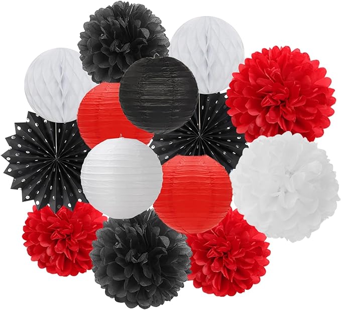 Black White-Red Party-Decorations Streamers Lanterns - 14pcs Birthday Graduation 2025 Paper Honeycomb Fan,Tissue Pom Poms,Men Women Wedding Baby Shower Backdrop Supplies Decor Ouruola