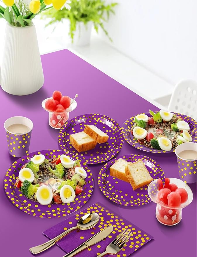 141 Pieces Purple Gold Party Supplies, Disposable Party Decorations Sets Include Paper Plates Napkins Cups, Plastic Forks Knives Spoons, for Baby Shower Birthday Wedding -20 Guests