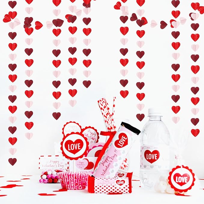 Pink Red Party-Decorations Heart-Garland - 39Ft 3D Burgundy Proposal Romantic Special Night Galentines Hanging Paper Streamers Banner,Engagement Wedding Baby Bridal Shower Decor Ouruola