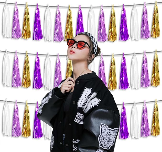 3P Metallic Fringe Tassel Banner Garland Foil Tinsel Streamer Wall Hanging Curtain Backdrop Banner for Parade Floats, Graduation, Carnival Mardi Gras Party Decorations(Gold Purple)