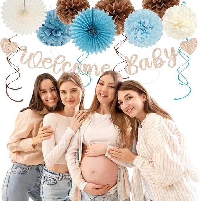 Dusty-Light Blue-Brown Baby Shower Party-Decorations - 22pcs Boys Welcome Baby Banner, White Paper Lanterns Streamers, Coffee Tissue Pom Poms Flowers Fans Decor Hugmoon
