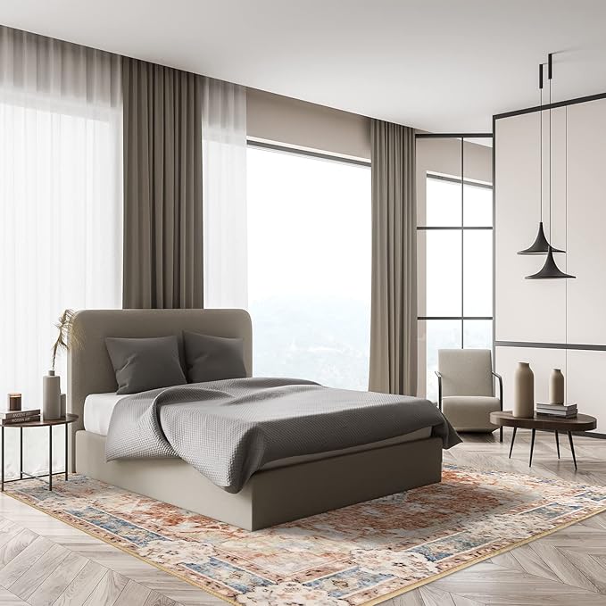 MUJOO 5'x7' Machine Washable Area Rugs for Living Room, Boho, Bedroom Laundry Room Kitchen Non Slip Carpet Abstract Soft Low-Pile Orange Navy Blue Floral.