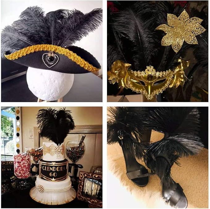 24pcs Natural Black Ostrich Feathers 10-12inch (25-30cm) for Wedding Party Centerpieces，Flower Arrangement and Home Decoration.