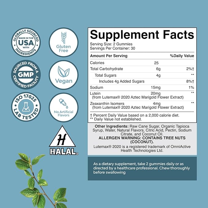 Vision Support Gummies for Adults - Lutein and Zeaxanthin Supplements for Eye Health - Potent Lutein Eye Vitamins for Blue Light Protection Dryness Strain Support & Visual Sharpness - 60 Count