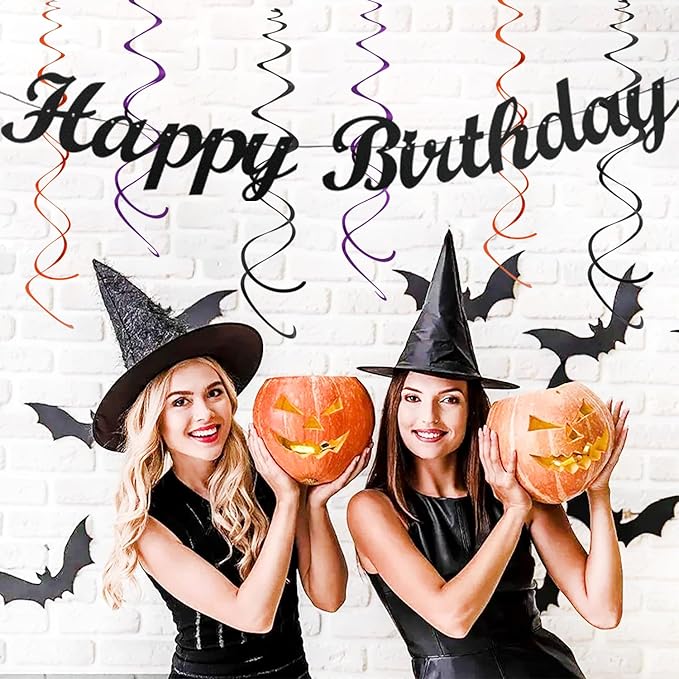 Black-Purple Orange Halloween Birthday Party-Decorations - 21pcs Happy Banner,Paper Lanterns Honeycomb,Tissue Pom Poms Flower Fan,Kids Classroom Hanging Streamers Garland Decor Supplies Huglony