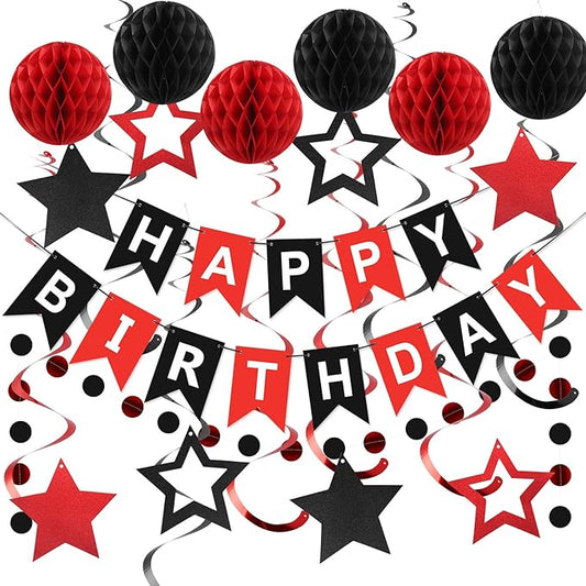 meowtastic Birthday Decorations, Happy Birthday Banner with Honeycomb Balls, Star Hanging Swirl Streamers, Circle Dots Garland, Happy Birthday Party Decorations for Women Men Boys Girls (Red & Black)