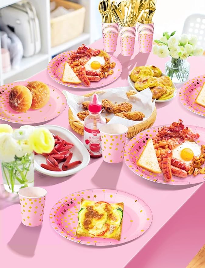 141 Pieces Pink and Gold Party Supplies, Disposable Party Decorations Sets Include Paper Plates Napkins Cups, Plastic Forks Knives Spoons, for Baby Shower Birthday Wedding -20 Guests