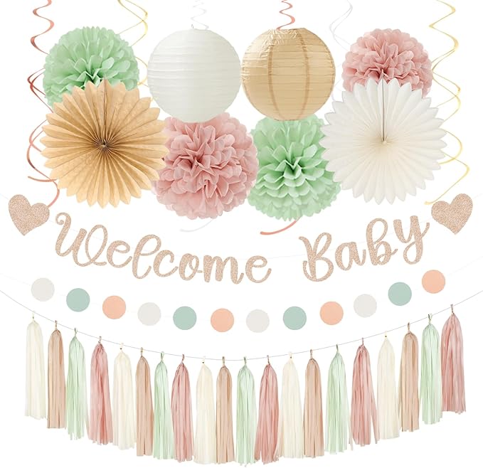 Sage-Green Pink-Beige Baby-Shower Party-Decorations - 36pcs Welcome Home Banner Sign,Girl Paper Lanterns,Neutral Streamers Garland,Boho Tissue Pom Poms Flowers Fans Backdrop Decor Burgleda
