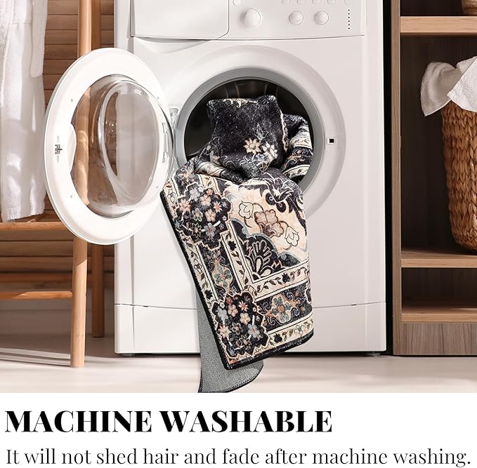 MUJOO Black Round Rug 4ft,Circle Washable Area Rugs for Bedroom Living Room Bathroom,Vintage Bohemian Distressed Farmhouse Non Slip Circular Carpet,Floral