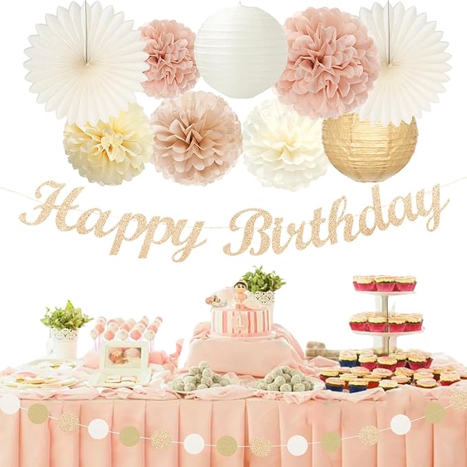 Champagne-Gold Beige 16 Happy Birthday Party-Decorations - 22pcs 21st Women Girls Paper Lanterns Streamers Banner Pom Poms,Fall Boho Aesthetic Bohemian Rose Groovy Decor Backdrop Supplies Hugmoon