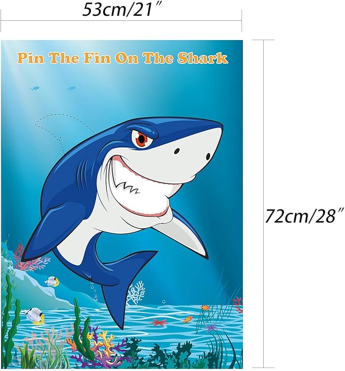 FEPITO Pin The Fin on The Shark Game with 24 Pcs Fins for Shark Birthday Party Decoration, Party Supplies