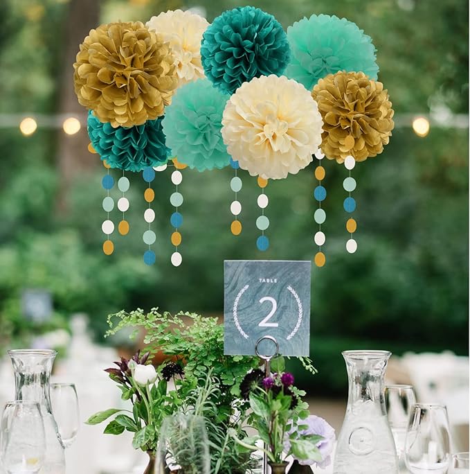 Teal-Blue Mint Beige-Gold Party Decorations - 30pcs Rustic Wedding Tissue Pom Poms Streamers,Tassel Garland Banner,Women Birthday Bachelorette Engagement Party Decor Bunting Lasting Surprise