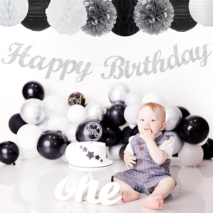 Black White Silver Birthday Party-decorations - 21pcs Boys Men Happy Banner,Paper Streamers Lanterns Honeycomb,Tissue Pom Poms Fan,Adult Supplies Decor 16th 20th 40th 45th 50th 60th Huglony
