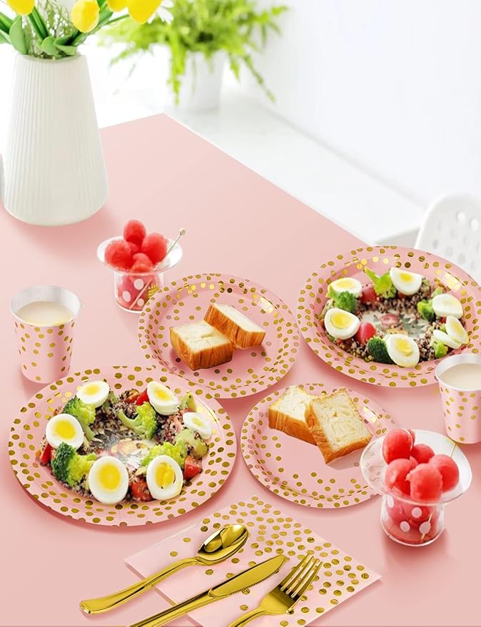141 Pieces Pink Gold Party Supplies, Party Dinnerware Sets Include Paper Plates Napkins Cups Silverware, for Wedding Bridal Shower Engagement Birthday Parties Decoration -20 Serves