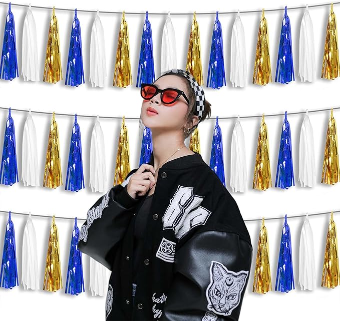 3P Metallic Fringe Tassel Banner Garland Foil Tinsel Streamer Wall Hanging Curtain Backdrop Banners for Parade Floats Birthday Party Graduation Retirement Party Decorations(Navy-Blue White and Gold)
