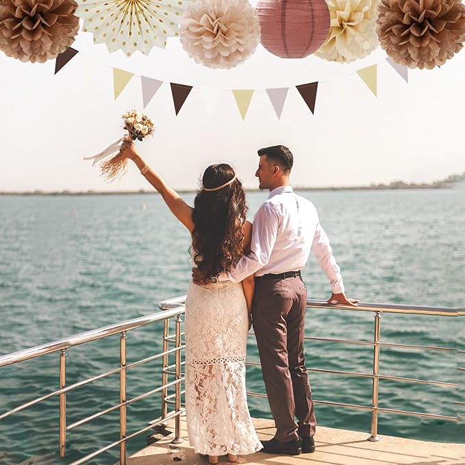 Boho Baby-Shower White-Brown Champagne Party-Decorations - 20pcs Neutral Rustic Paper Lanterns Fans,Tissue Pom Poms,Honeycomb Balls,Bunting,Birthday Wedding Bridal Christmas Fall Autumn Decor Burgleda