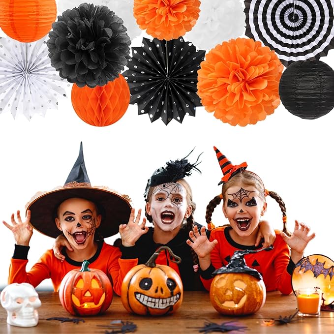 Orange-Black White Party-Decorations Paper-Flowers Lanterns - 20PCS Halloween Tissue Pom Poms Streamers Fans Honeycomb, Vintage Baby Shower Birthday Retro Bachelorette Hanging Supplies Decor Burgleda