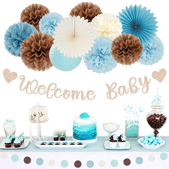 Dusty-Light Blue-Brown Baby Shower Party-Decorations - 22pcs Boys Welcome Baby Banner, White Paper Lanterns Streamers, Coffee Tissue Pom Poms Flowers Fans Decor Hugmoon