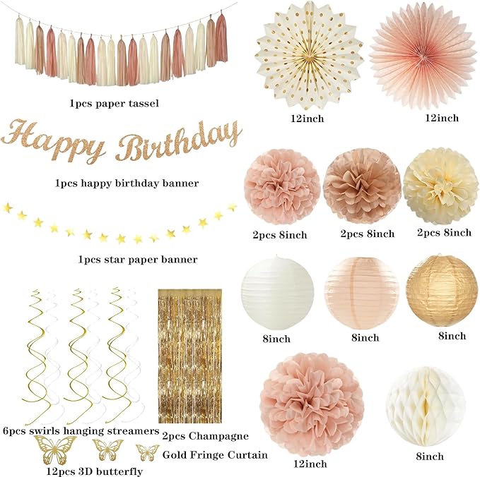 Party Decorations for Women Girls With Happy Birthday Banner Champagne Gold Fringe Curtain Hanging Swirls Butterfly Boho Paper Lanterns Pom Poms Fan Backdrop Decor (Champagne Gold Party Decorations)