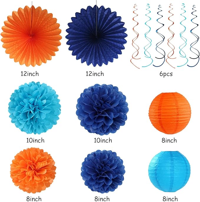 Royal-Navy Blue Orange Happy-Birthday Party-Decorations - 31pcs Men Boys Paper Lanterns Streamers Banner,Tissue Flowers Pom Poms Fans Tassels Garland Decor Backdrop Supplies Hugmoon