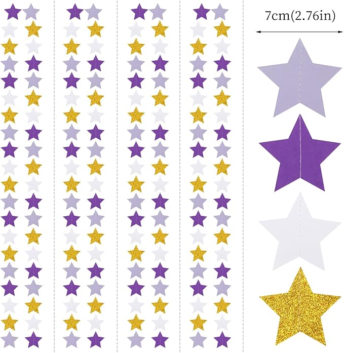 Purple-Lavender White-Gold Party-Decorations Star Garland - 62ft Streamers Hanging Banner,Girl Birthday Wedding Twinkle Twinkle Little Star Baby Bridal Shower Graduation Decor Hugtmr