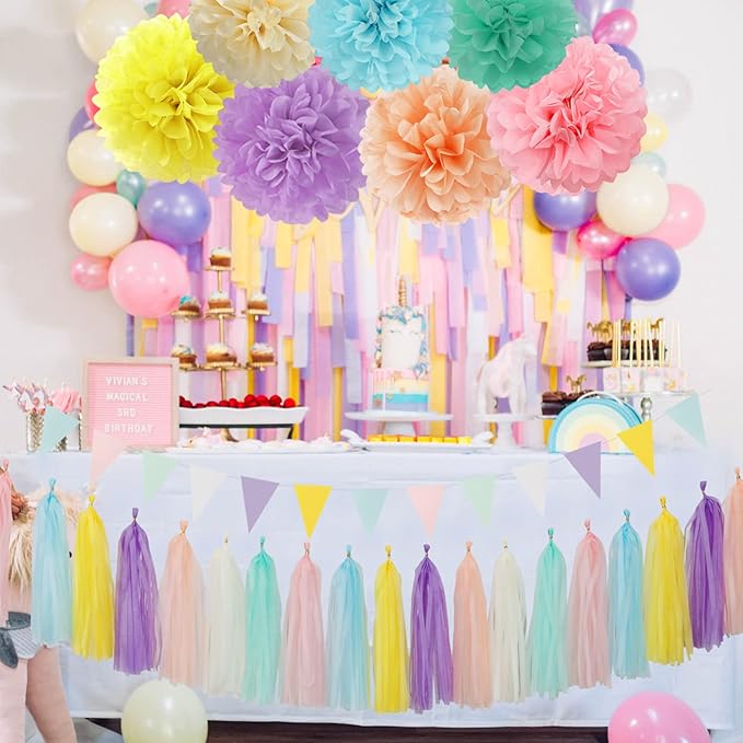 Pastel Rainbow Party-Decorations Supplies Streamers-Garland - 29pcs Baby Shower Birthday Wedding Tissue Pom Poms,Tassel Banner Backdrop Decor Bunting Lasting Surprise