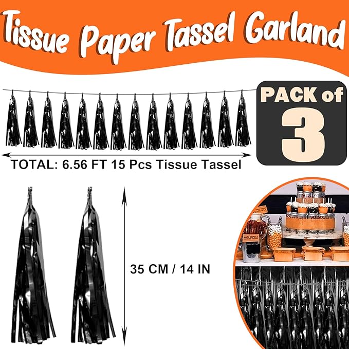 3P Black Foil Fringe Metallic Tassel Streamers Banner Tassel Garland for Parade Floats, Bachelorette, Wedding, Birthday, Halloween, Christmas, Bridal/Baby Shower Party Decorations