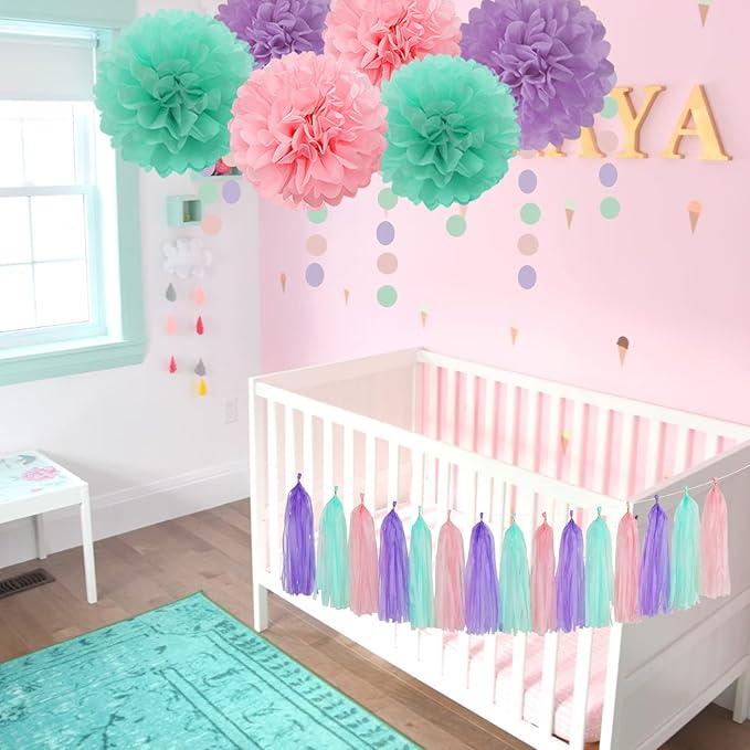 Pink-Purple Mint Mermaid Ocean-Themed Party-Decorations - 23pcs Tissue Pom Poms Streamers,Birthday Tassel Garland Banner,Wedding Engagement Baby Bridal Shower Decor Ouruola